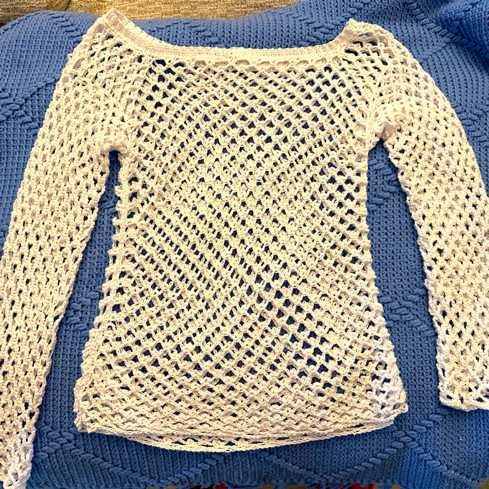 Long sleeve boho crochet mesh top, never worn, handmade one of a kind, wide neck